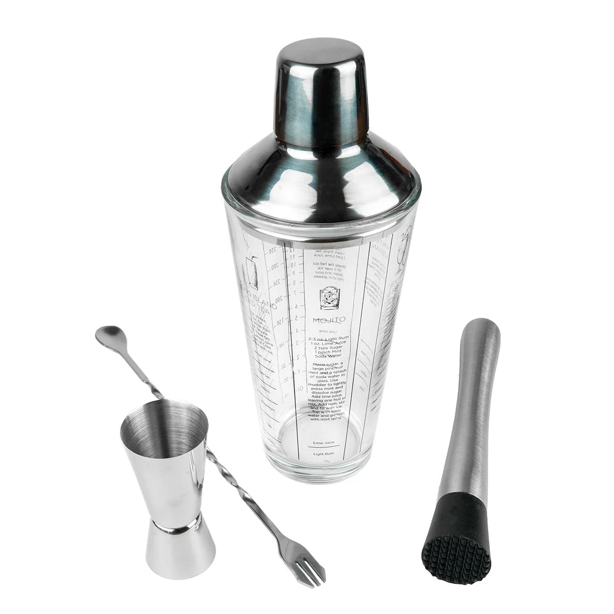 Season 4 Piece Stainless Steel and Glass Cocktail Set